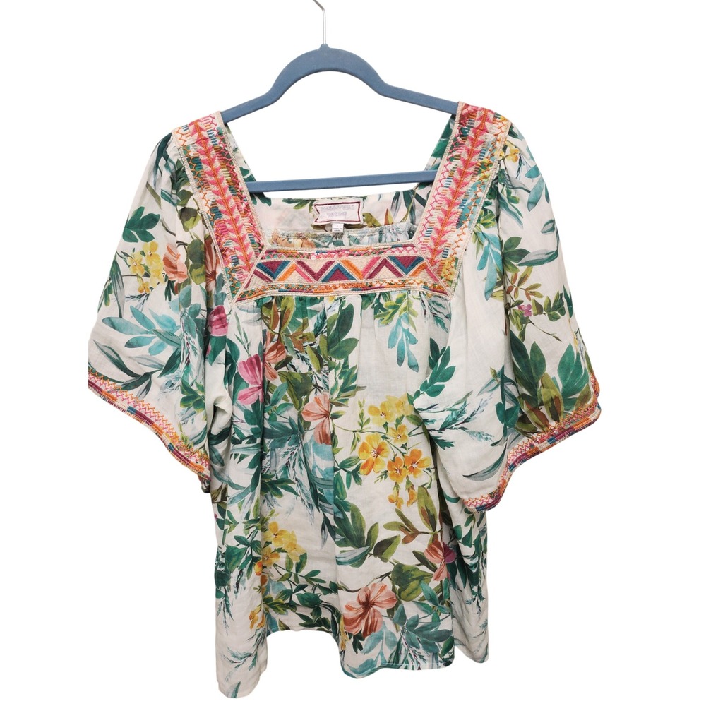 Johnny Was Workshop Floral Ramie Embroidered Square Neck Blouse Top L W18019-5